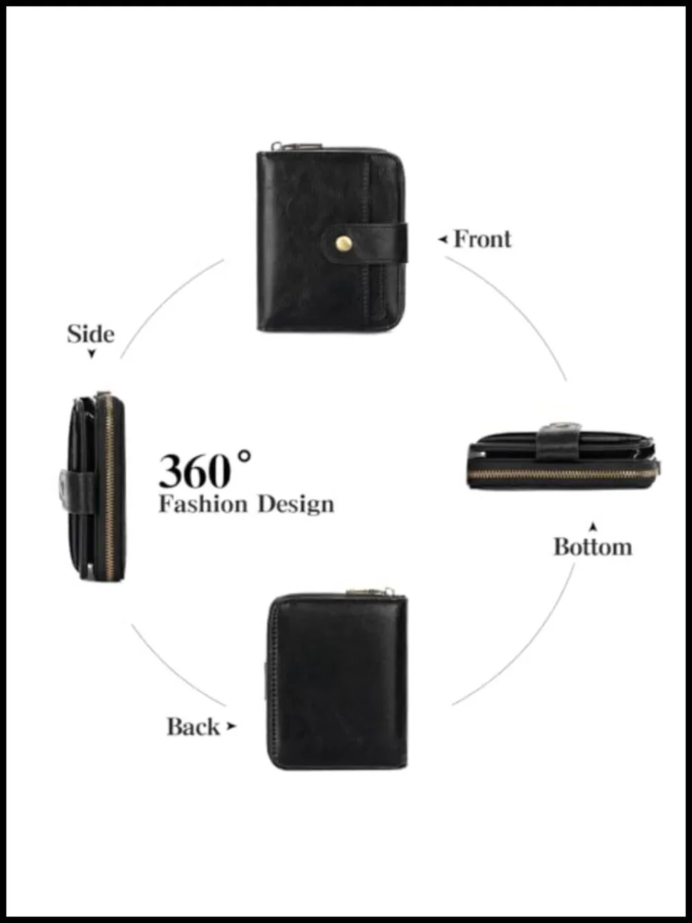 Vegan Leather Bifold Wallet with RFID Blocking Zipper
